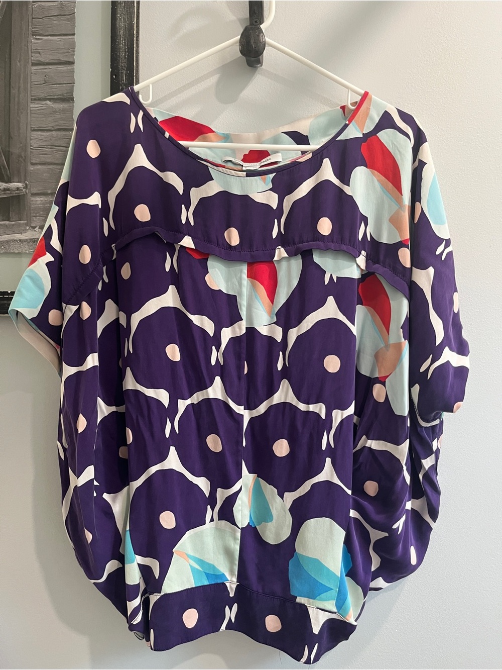 Diane Von Furstenberg Purple Multicolor Printed Balloon-Sleeve Top